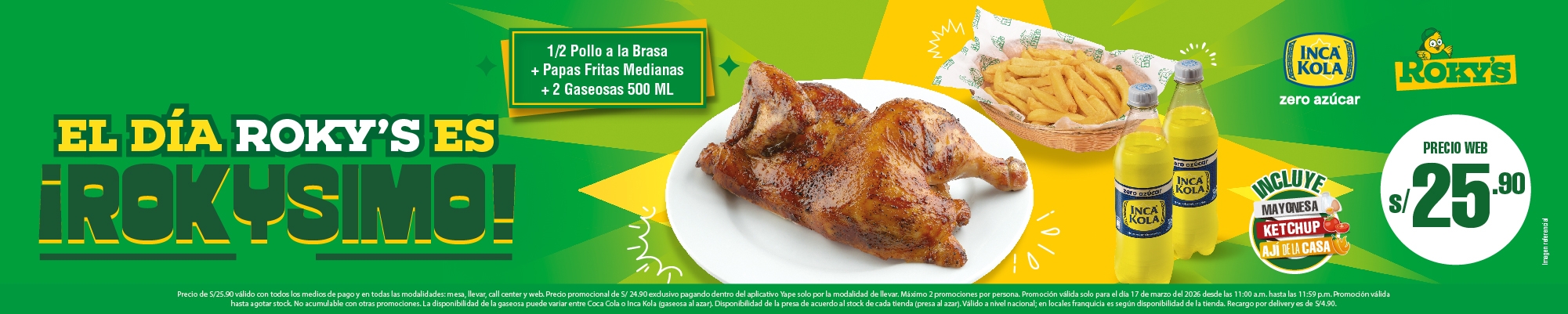 Promocion pollo a la brasas Día Roky's